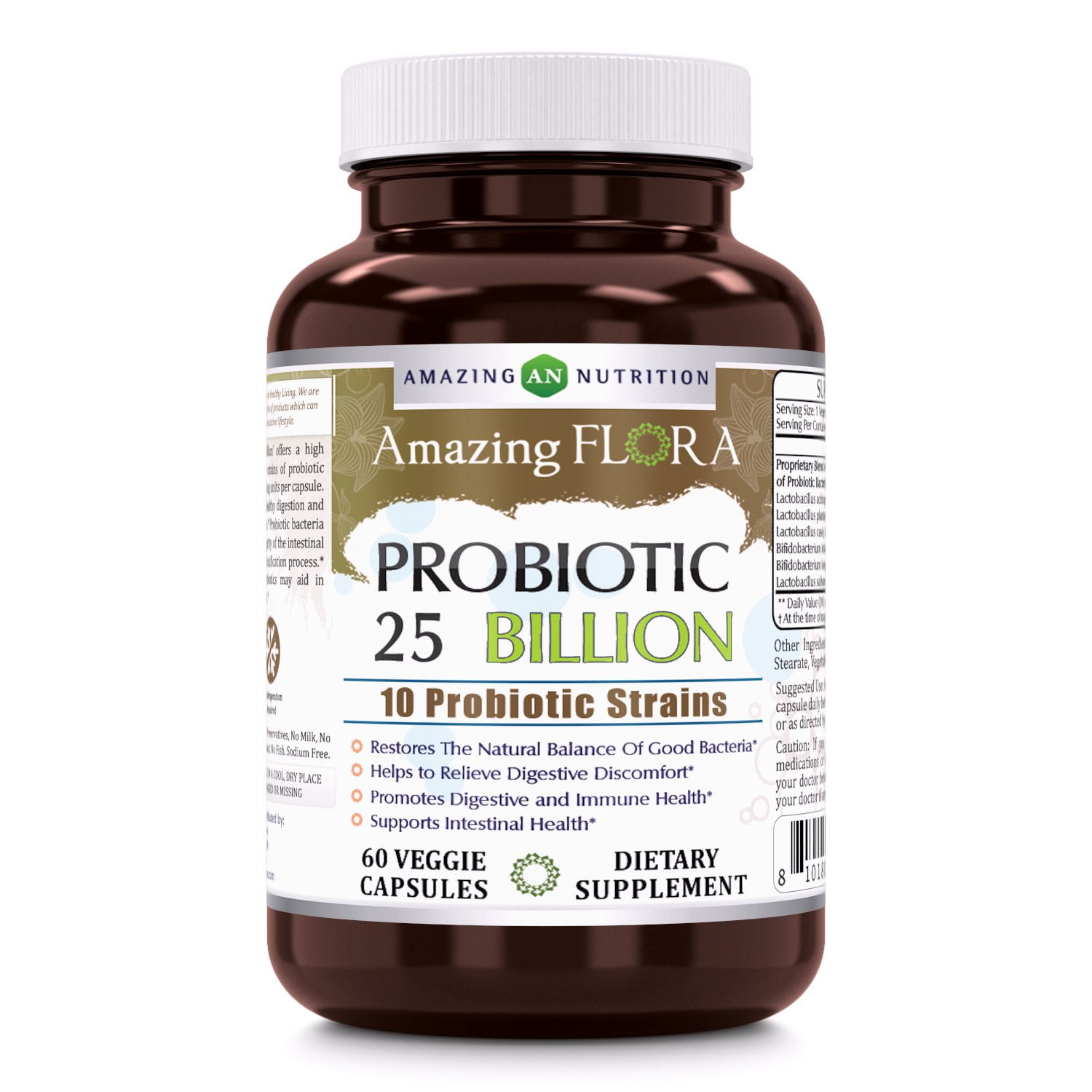 Amazing Flora Probiotic 25 Billion With 10 Best Probiotics Strains Including Acidophilus, plantarum, rhamnosus etc * Supports Digestive & Immune Health * 60 Veggie Capsules