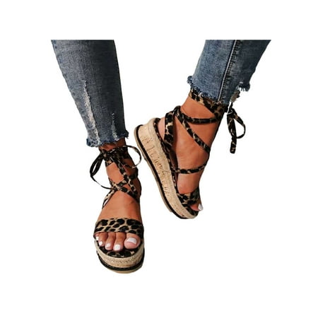 

UKAP Women s Leopard Platform Espadrille Sandals Lace Up Open Toe Summer Holiday Shoes