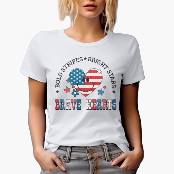 Bold Stripes, Bright Stars, Brave Hearts, Retro 4th of July Art Merch Gift, White T-Shirt, Small