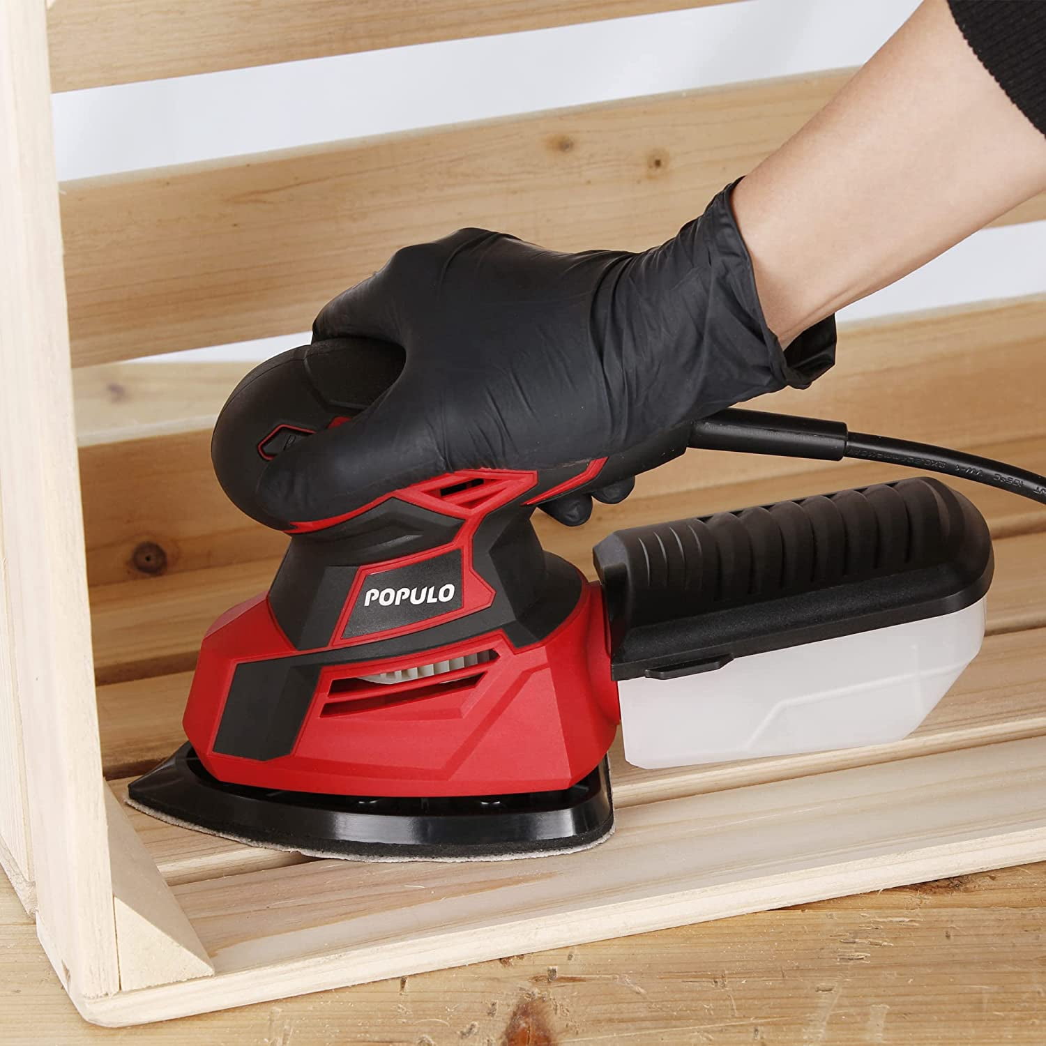 POPULO Detail Sander Palm Sander,14,000 OPM Electric Detail Sander with 12 Pieces Sandpapers, Power Sander with Dust Box for Woodworking