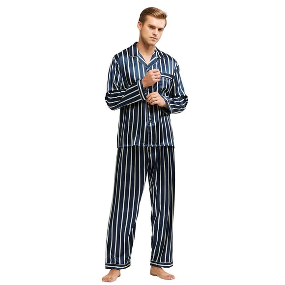 TONY cANDIcE Ensemble de Pyjama Classique en Satin pour Hommes (Rayé Marine et Beige, Moyen)