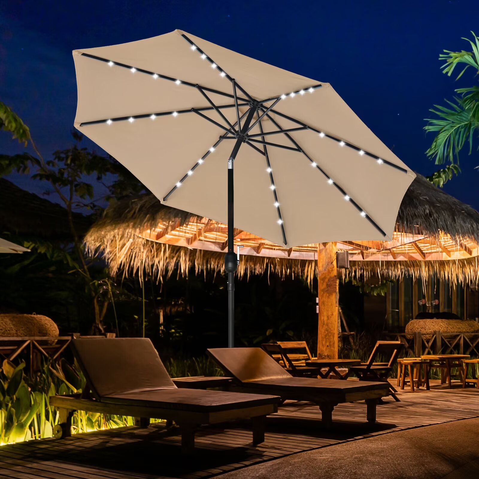 Simple Deluxe 9' Solar 32 LED Lighted Patio Umbrella Outdoor Table Market Umbrellas with Push Button Tilt/Crank for Garden, Deck, Backyard and Pool, Tan