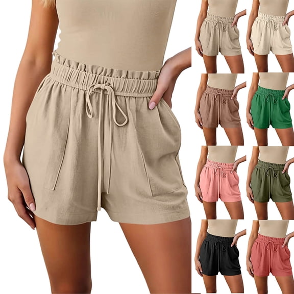 Womens Summer Elastic Waist Drawstring Shorts Ruffle Waist High Waisted Wide Leg Casual Beach Shorts with Pockets Watermelon Red
