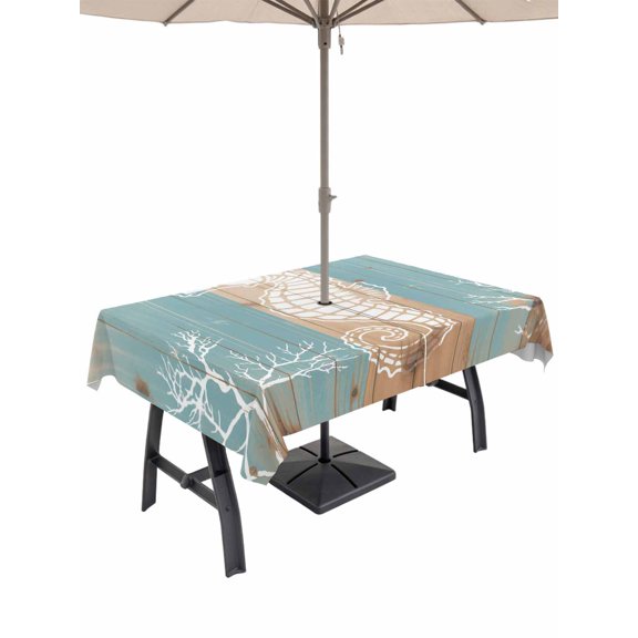 Outdoor Tablecloth with Umbrella Hole for Patio/Picnic/Party/Camping, Coastal Sea Horse Waterproof Table Cloth Rectangle Table Cover Washable, Summer Coral Ocean Vintage Wood (60"x 120")