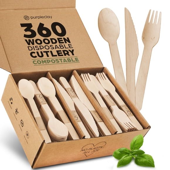 PURPLECLAY Wooden Disposable Utensils Set, 360 PCS Compostable Silverware (120 Forks, 120 Spoons, 120 Knives) Eco Friendly, Plastic-Free Cutlery for