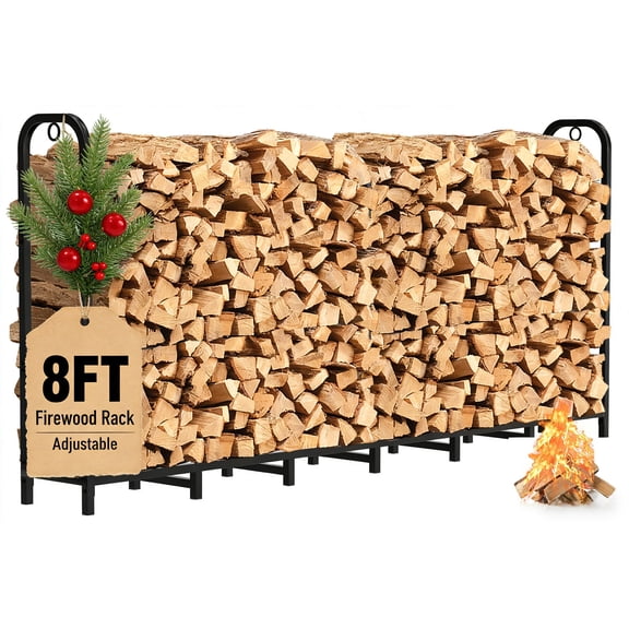 8ft Heavy-Duty Metal Firewood Rack - Adjustable Black Indoor/Outdoor Log Holder for Fireplace & Wood Pile Storage