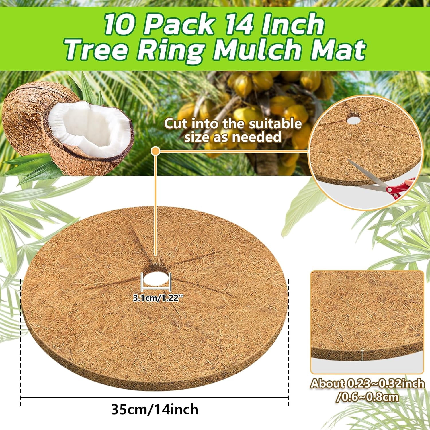 4pcs Coconut Fiber Mulch Ring Tree Plant Protector Mat, 14 Inch Natural Coco Coir Tree Mulch Ring Plant Pot Soil Covers, Tree Rings Disc Plant Cover for Indoor Outdoor Plants