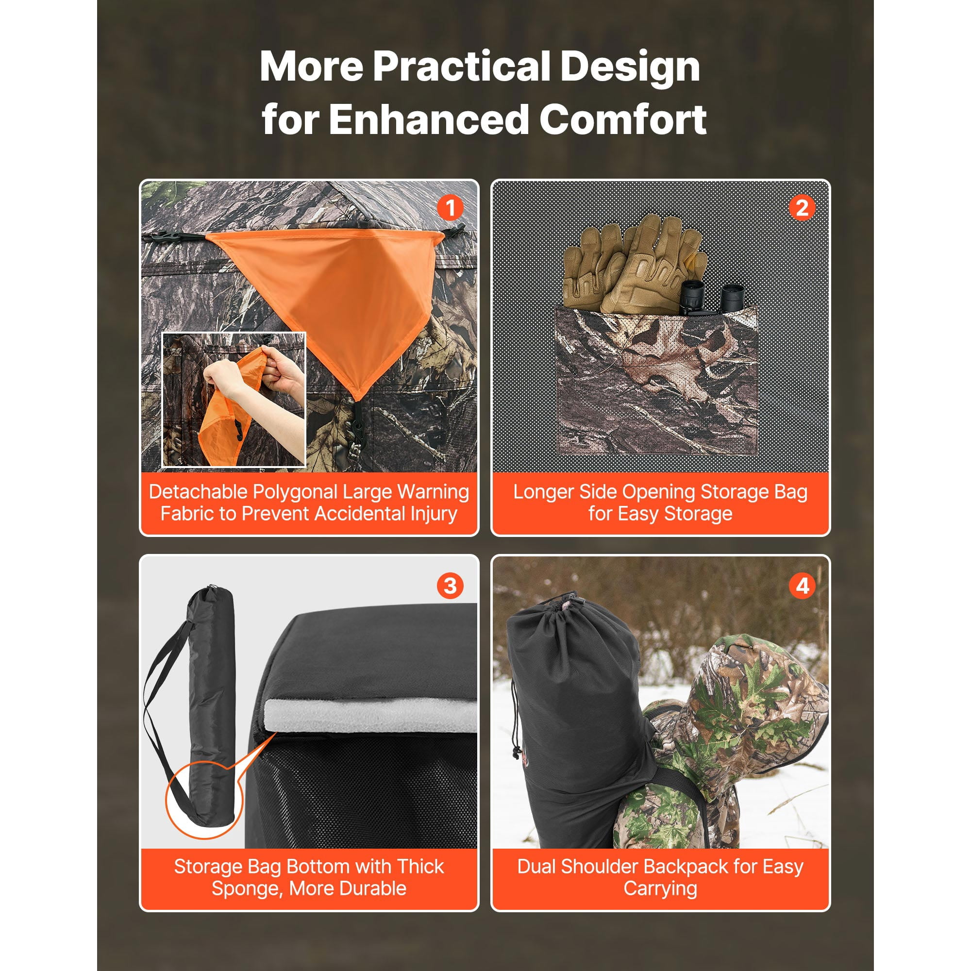 KFFKFF Hunting Blind for 2-3 People, See-Through Ground Tent with Carrying Bag, 360-Degree Portable Camouflage Shelter, Durable Concealed Design with Quiet Side Door and Window