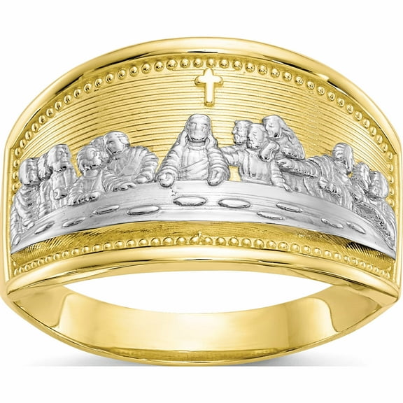 10K Yellow With Rhodium & Ladies Last Supper Ring (Size 6) Made In United States 10c1292
