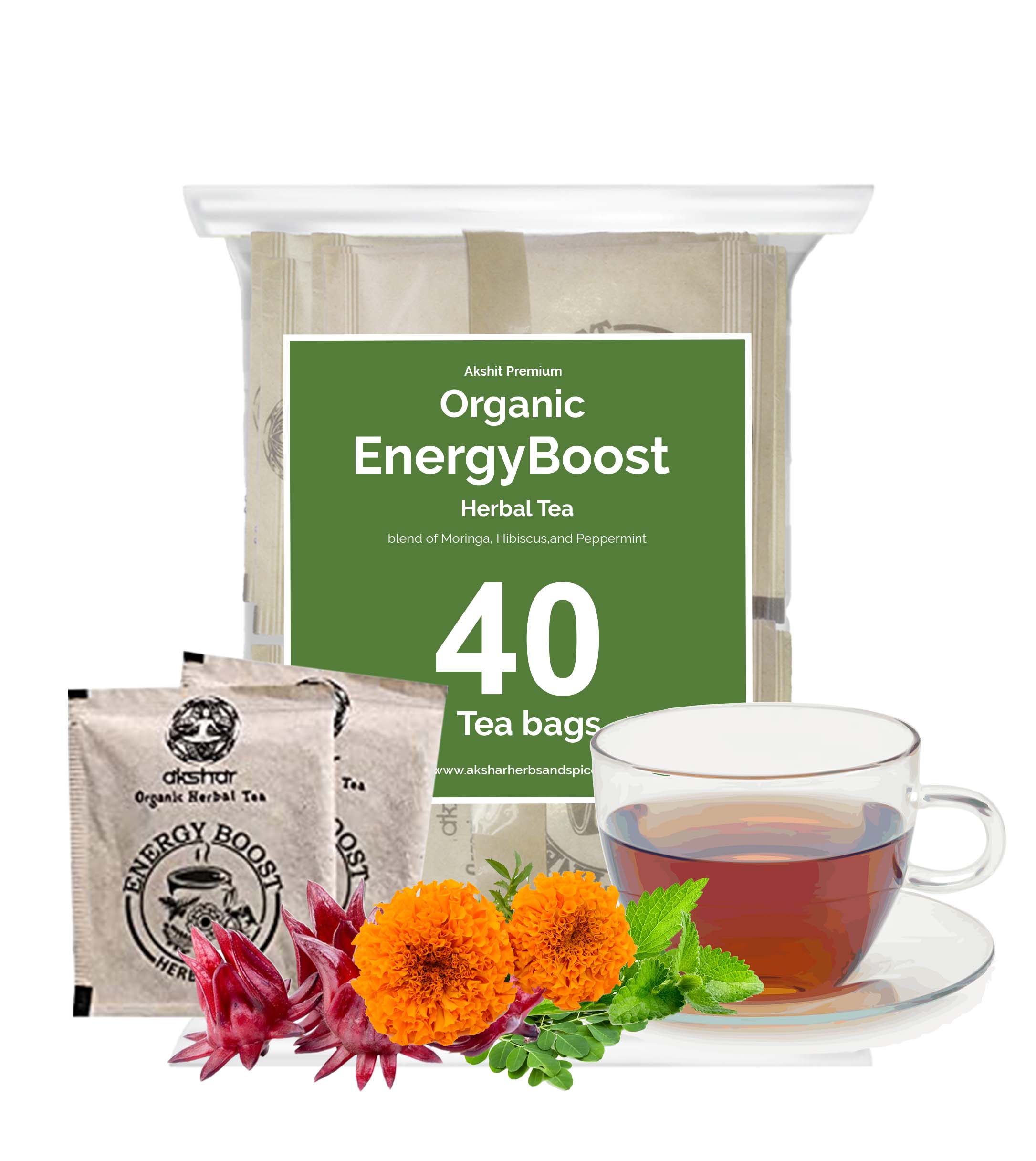 Akshar Organic Energy Boost Tea Blend 40 Tea Bags, with Moringa tea