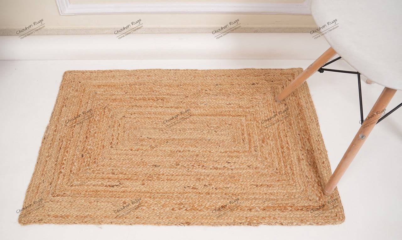 Rectangle Rug Natural Jute Rug Hand Braided Beige Color Rounding Line Area Rug