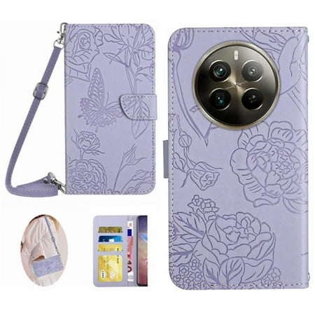 

Case for Realme 12 Pro Leather Wallet Butterflies And Flowers With Card Holder & Long Strap Soft PU Leather