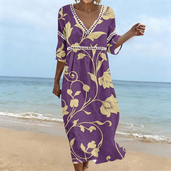 Ayolanni Floral Dresses for Women 3/4 Sleeve V-Neck A-Line Maxi Dress Cutout Boho Party Elegant Long Dress Multicolor L