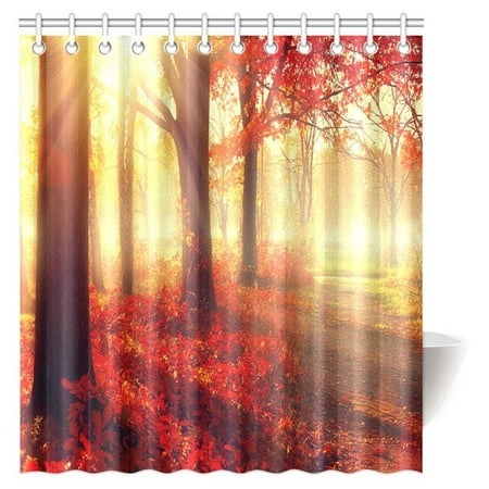 MYPOP Nature Scene Decor Shower Curtain, Autumn Foggy Forest Scenery with Rays of Warm Sun Lights on Shady Trees and Red Flowers Fabric Bathroom Set with Hooks, 66 X 72