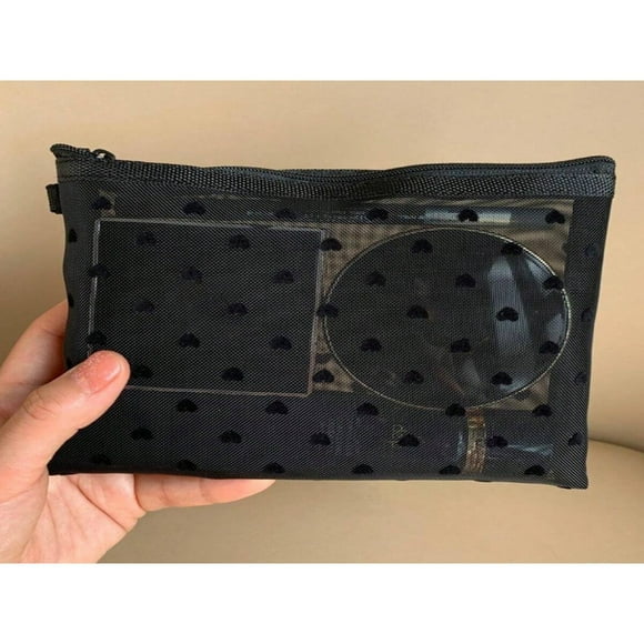 Lindbes Cute Heart Pattern Transparent Mesh Storage Bag - Capacity Portable Cosmetic Bag Women Travel Make Up Organizer Storage Pouch Mesh Cosmetic Bag Toiletry Clear Wash Bag Storage Bag