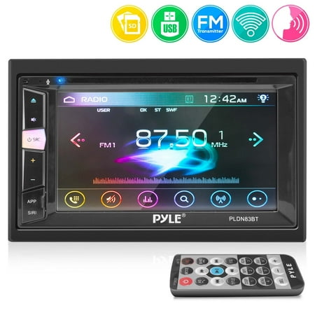 Pyle Double Din DVD Car Stereo Player Bluetooth in-Dash Car Stereo Touch Screen Receiver w/USB/SD MP3 CD Player AM FM Radio Steering Wheel Feature Hands-Free Call Camera/Speaker Input - Black
