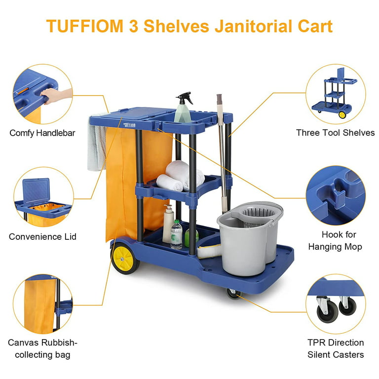 TUFFIOM Commercial Traditional Cleaning Janitorial 3-Shelf Cart