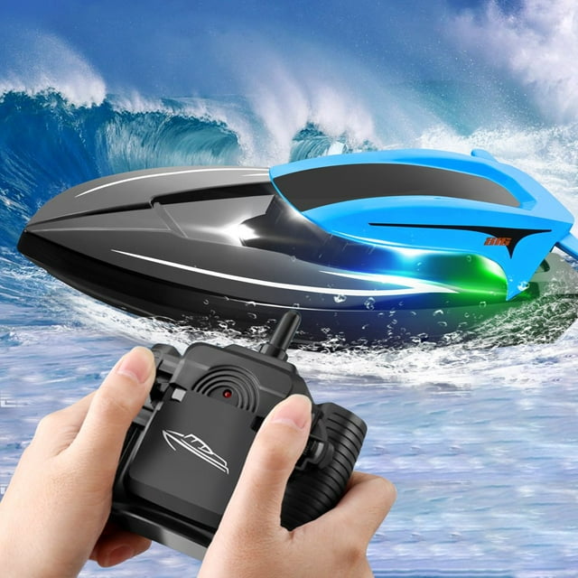 LEEYNEER Rechargeable 2.4GHz RC Boat with LED Lights - High Speed Remote Control Boat for Pools & Lakes 180ft Range 20km/h 25 Min Playtime - Blue LED Night Racing Boat for Kids & Adult