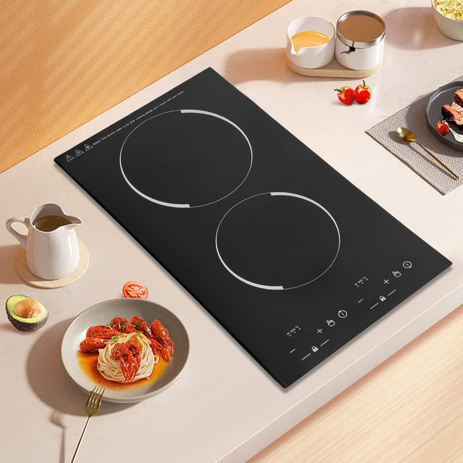 Electric Cooktop 2 Burner Portable Induction Cooker with Burner Independent Control Ultrathin Body 9 gears Temperature 1200W+1100W-Multiple Power Levels 110V-120V (for Pot 10.24in)