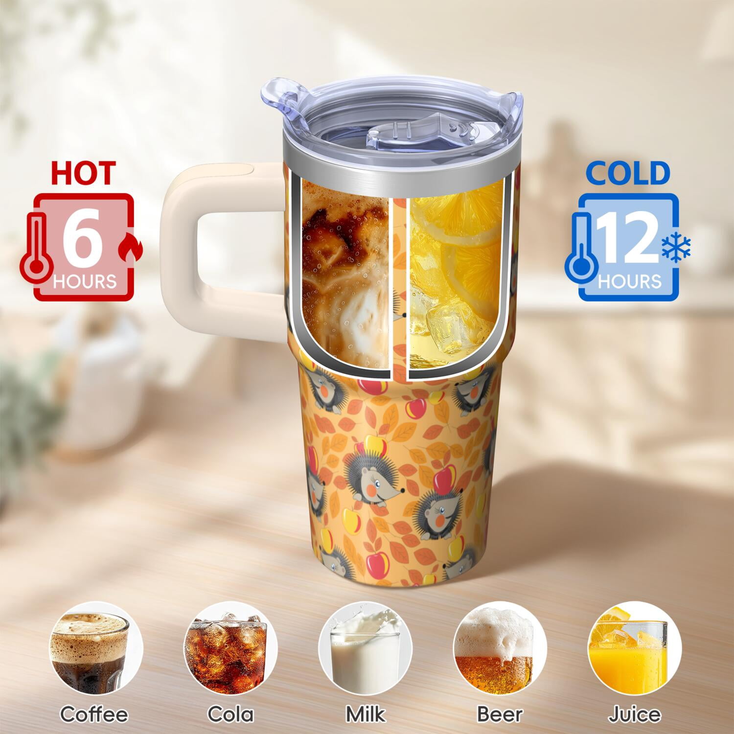 20oz Hedgehog Stainless Steel Tumbler with Handle and Straw Insulated Coffee Mug Travel Water Bottle with Lid and Straw Great for Hot Coffee Cold Iced Tea Gift for Hedgehog Enthusiasts Women Men