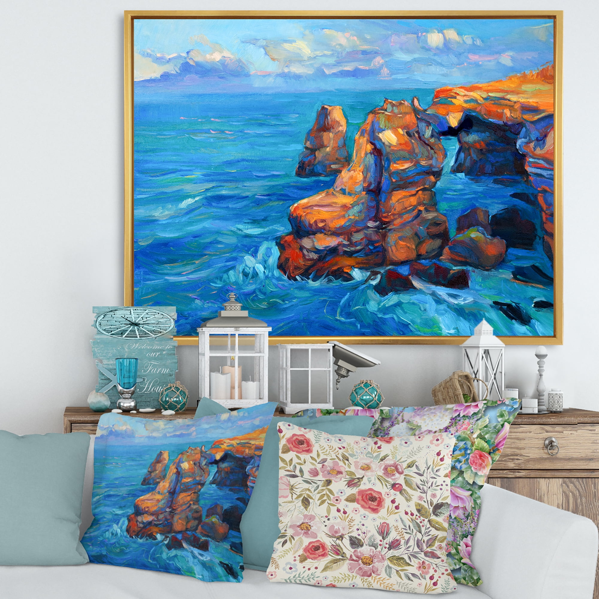 The Blue Ocean By Rocky Cliffs 20 in x 12 in Framed Painting Canvas Art Print, by Designart