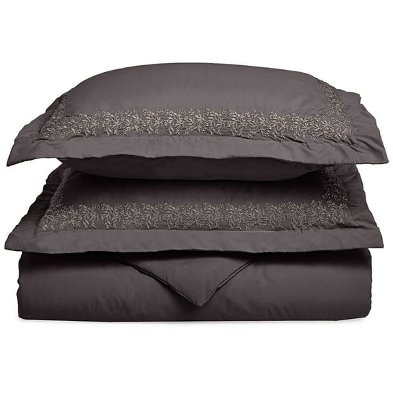 Floral Microfiber Wrinkle-Resistant Duvet Cover and Embroidered Pillow Sham Set Charcoal / King/Cal King