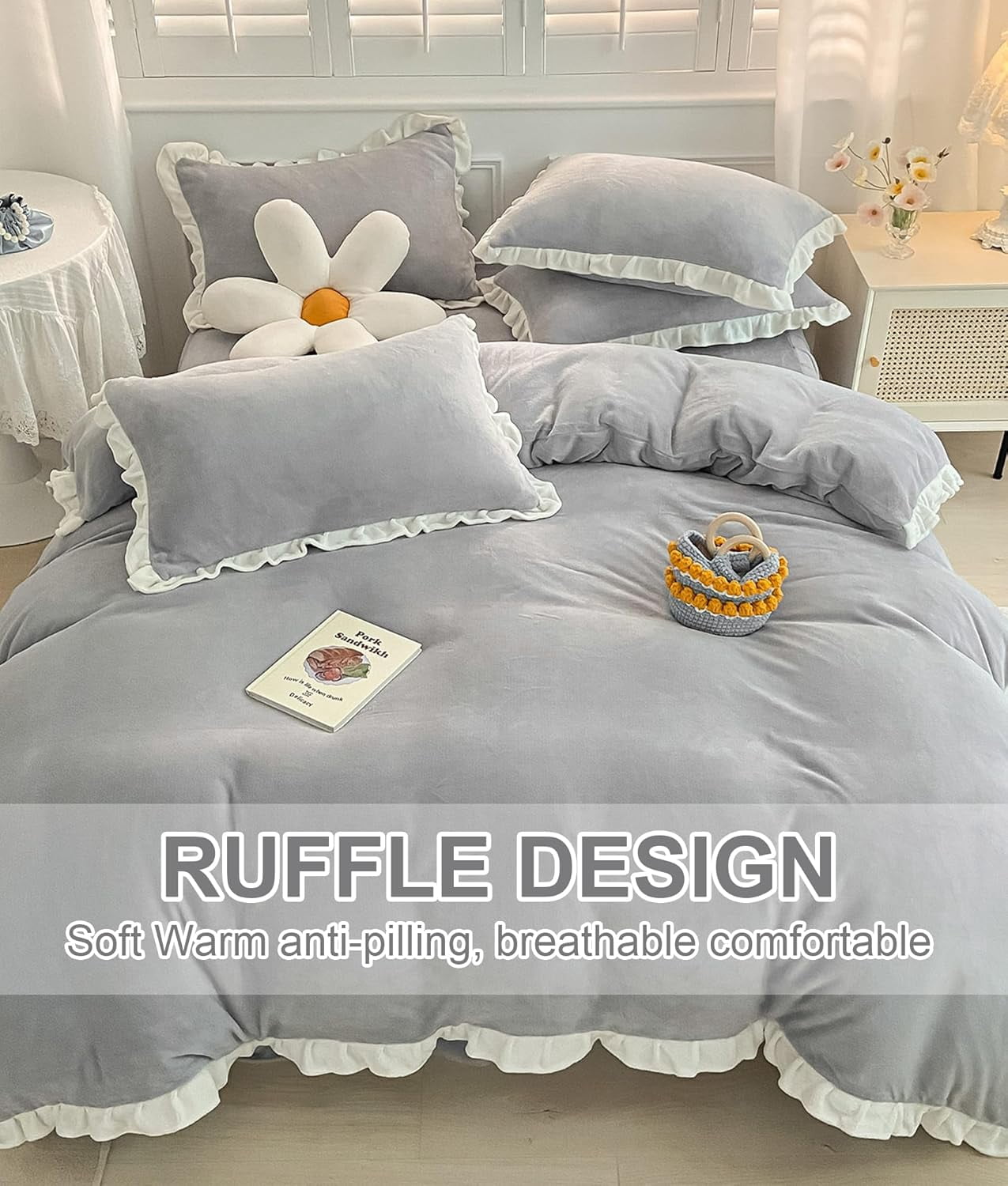 Velvet Duvet Cover, Queen Size Luxury Ultra Soft Fluffy Duvet Cover Set, Winter Crystal Velvet Duvet Covers with 2 Plillowcase, Gray, 90''x90''