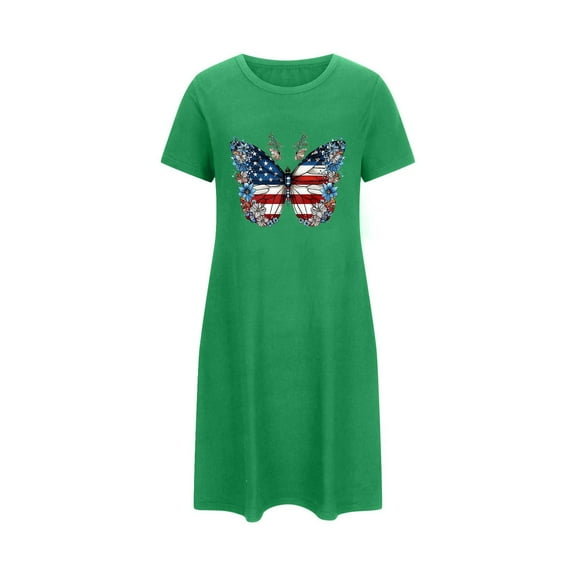WREESH Women's Fashion Nightgown: Oversized Short T-Shirt Dress with 4th of July Theme Print Crew Neck Ideal for Summer Comfort Green