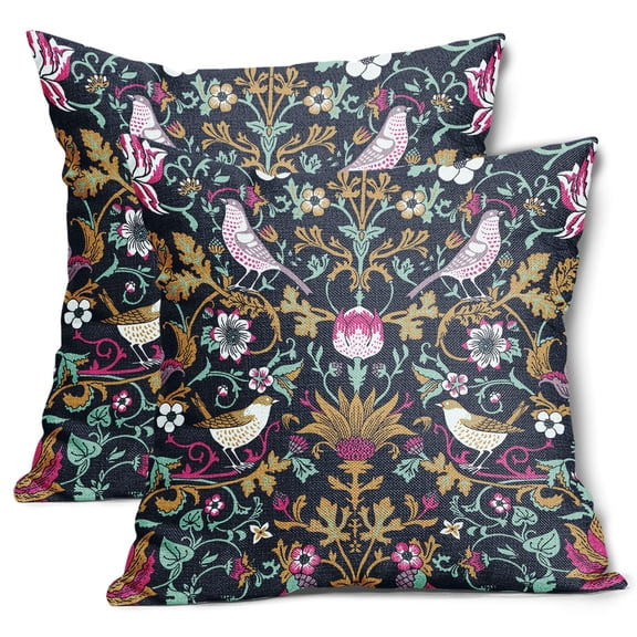 ABSOP Floral Bird Pillow Covers 18"X18" Set of 2 Hot Pink Tan Teal Green Pimpernel Flower Throw Pillow Cases Vintage Art Throw Pillowcases for for Couch Patio Sofa Porch
