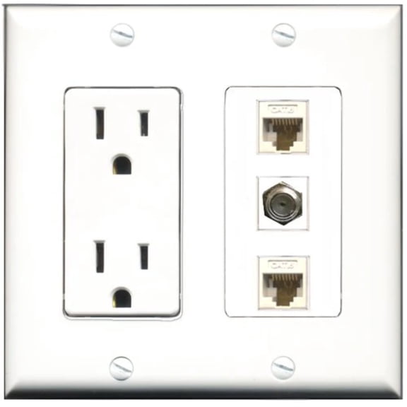 RiteAV - 15 Amp Power Outlet 1 Port Coax 2 Port Cat6 Ethernet Ethernet White Decorative Wall Plate