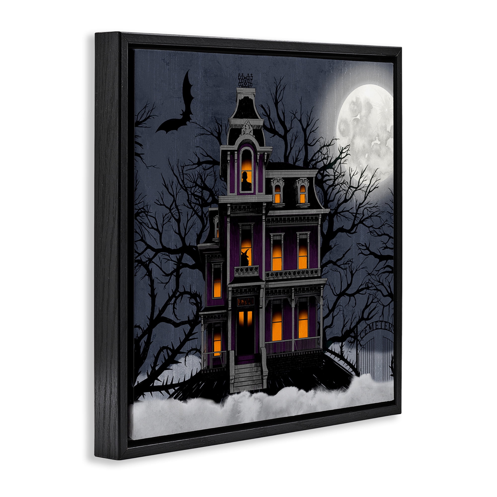Stupell Industries Creepy Haunted Halloween House Holiday Painting Black Floater Framed Canvas Art Print Wall Art, 25 x 25