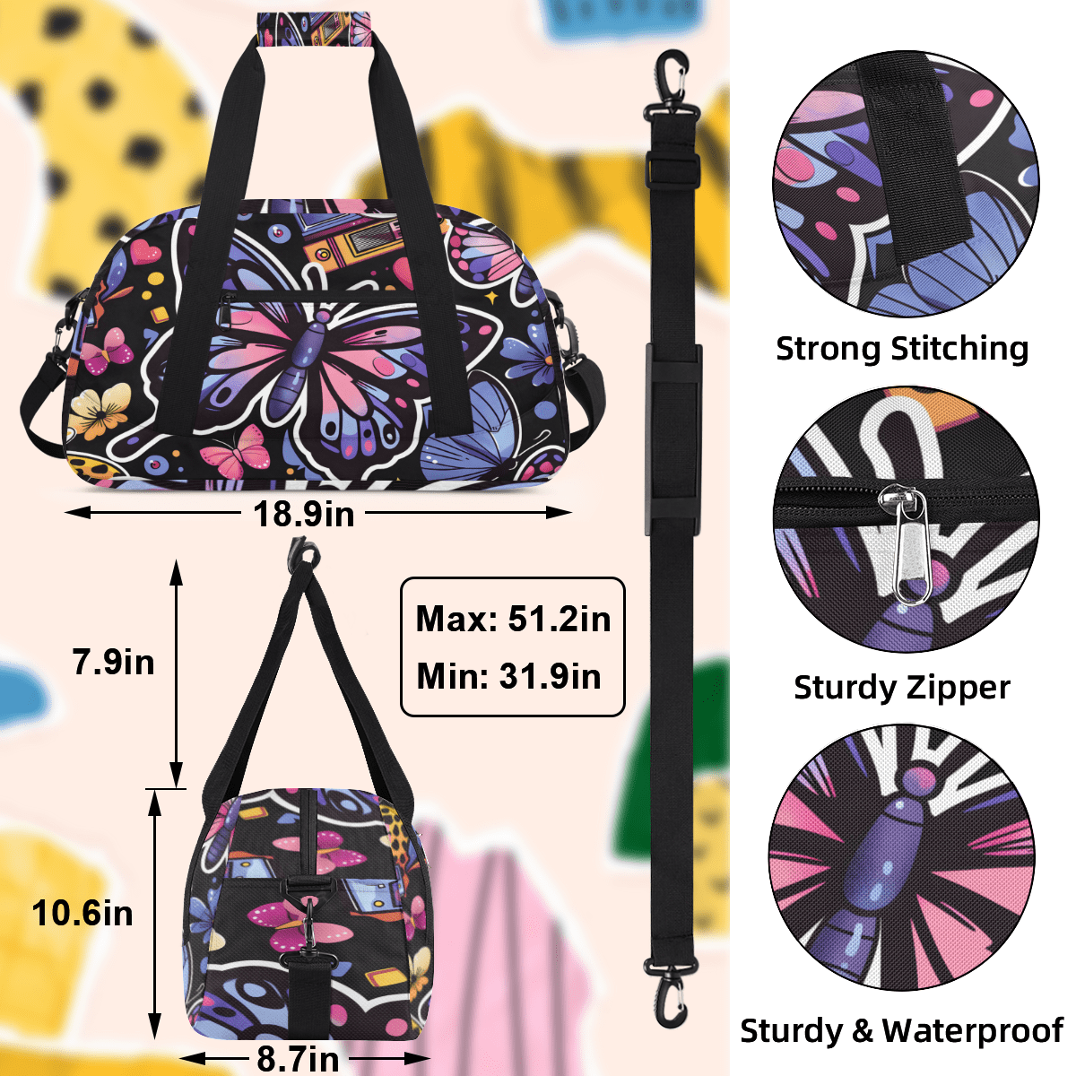 Herdesigns Butterfly Sports Duffle Bag for Women & Men, Butterflies Gym Bag Dance Bag Overnight Bag Carry On Weekender Travel Bag