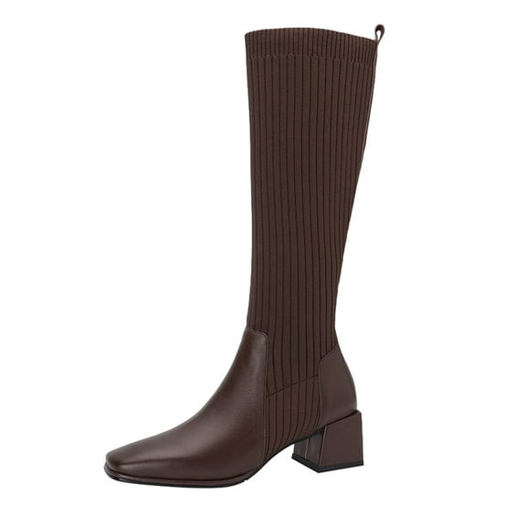 Gyexs Knee High Boots Women Mid Calf Fashion Stretch Knitted Leather Boots Pointed Toe Square Heel Platform Boots Brown & Size 7