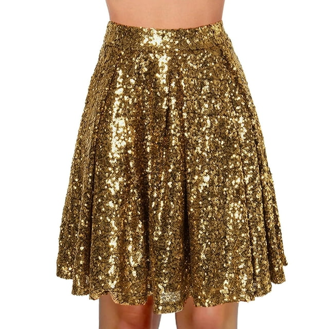 WILLBEST Robe Semi-Formelle Dorée pour Femmes Mode Féminine Taille Haute Plissée Couleur Unie Jupe Courte Ample à Sequins