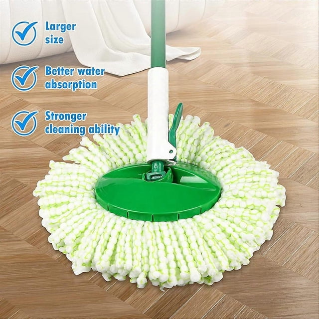 4 pack spin mop replacement head for libman tornado spin mop system Repuesto de 4 cabezales extra grandes de microfibra blanco y verde, vista frontal centrada de un cabezal montado en plato giratorio verde con fibras absorbentes; compatible solo con Libman Tornado 1492/1283, sin mango, para limpiar pisos duros como madera, baldosas, vinilo y laminado; paquete incluye sólo 4 cabezales.