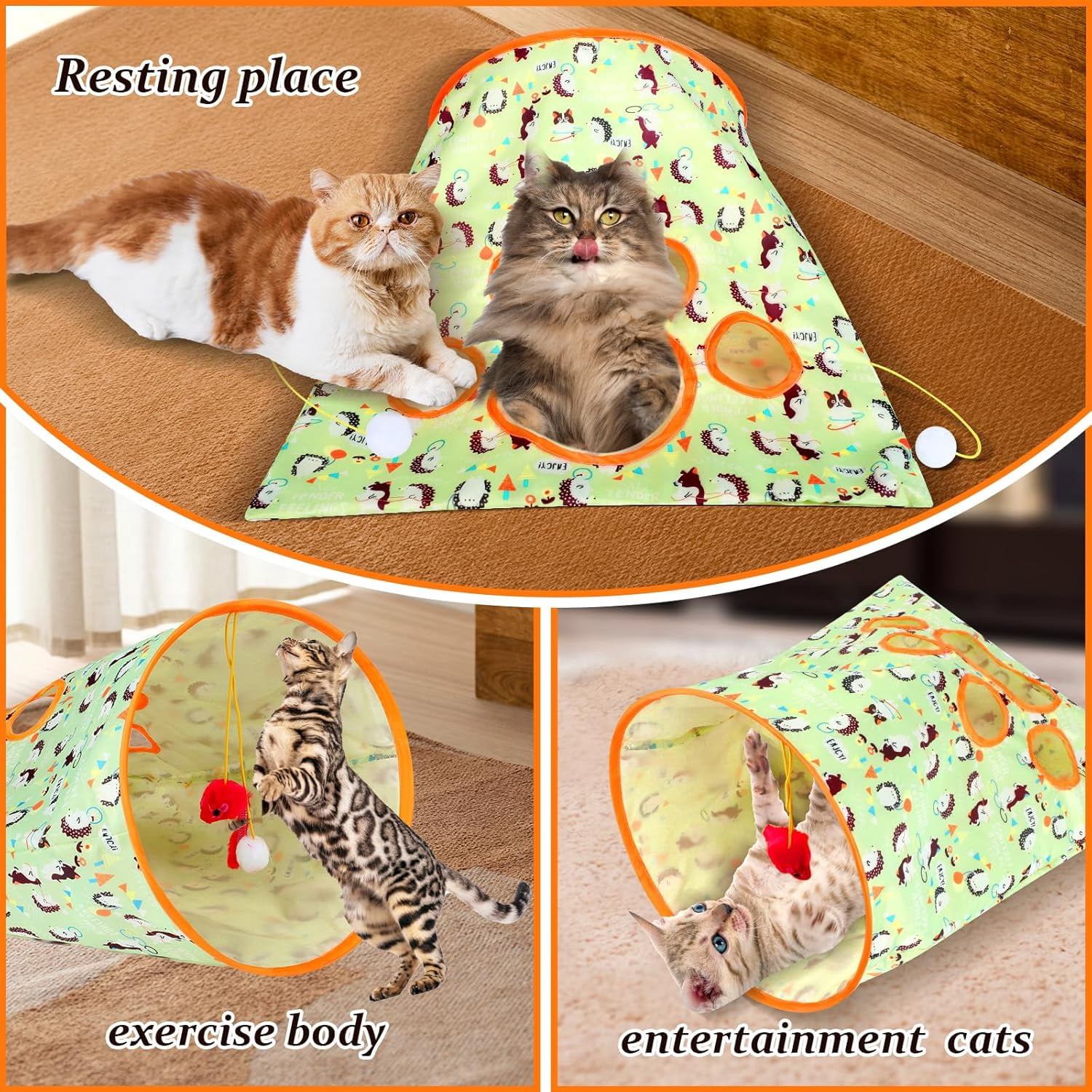 Cat Tunnel Bag with Toy Balls and Mouse, Collapsible Crinkle Sack, Light Green