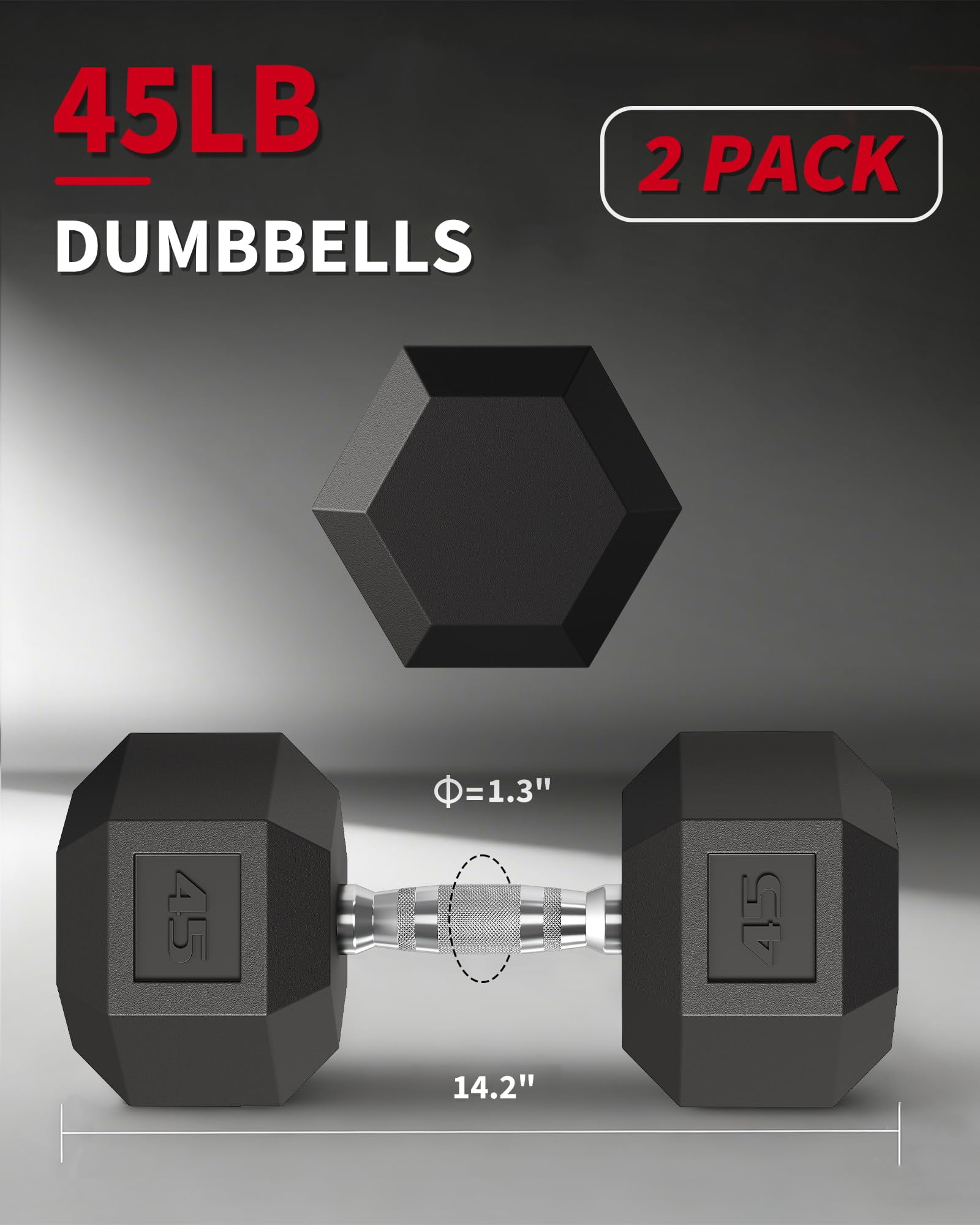 BouPower 45 LB Hex Dumbbell Set of 2, Hand Weights Dumbbells Pair with Cast Iron Core, Rubber Encased Coating and Textured Carbon Steel Handle for Home Gym Strength Training