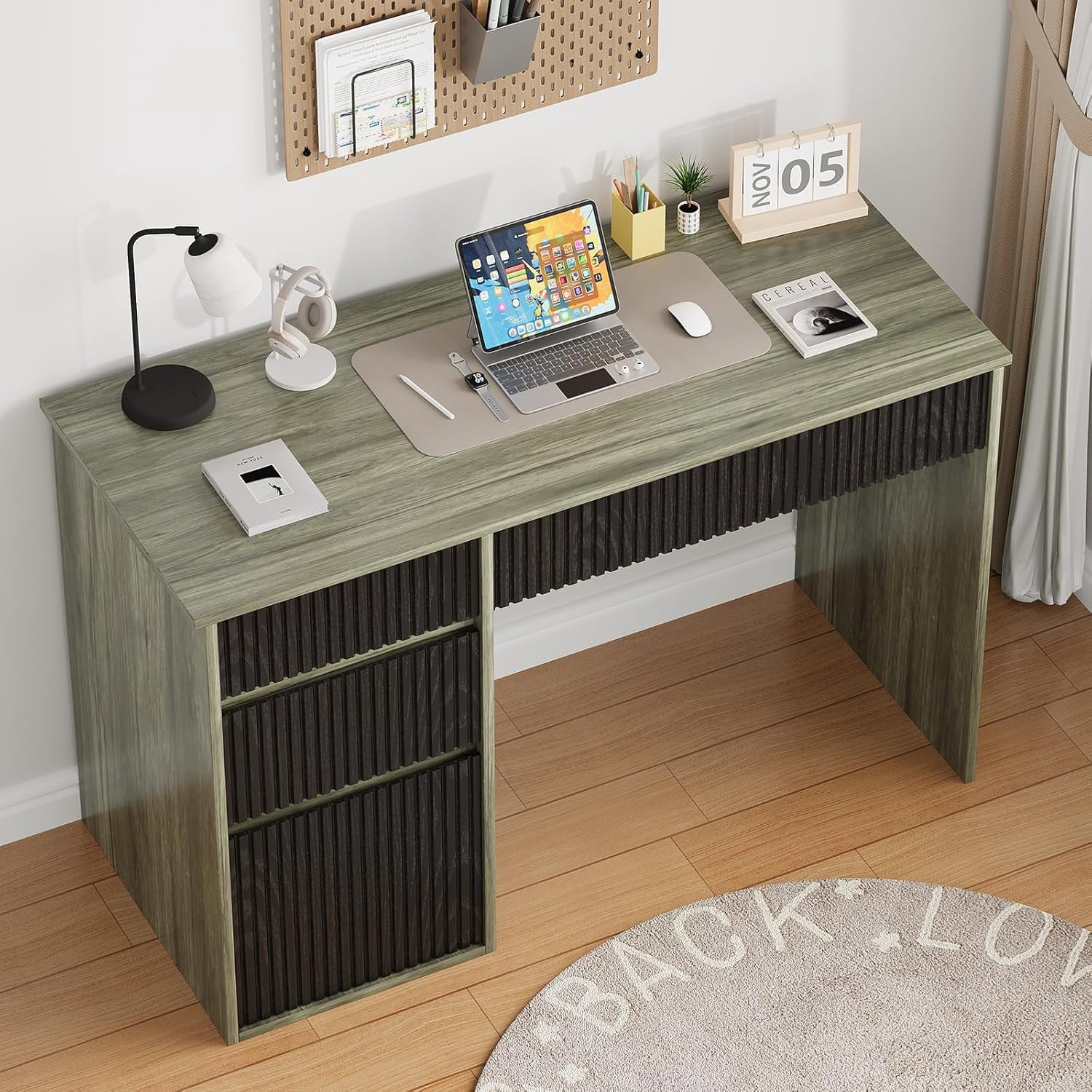 DreamCurship 48 inch Computer Desk with 4 Storage Drawers, Home Office Desks with Hidden Handle, Wooden Desk for Small Spaces, Grey