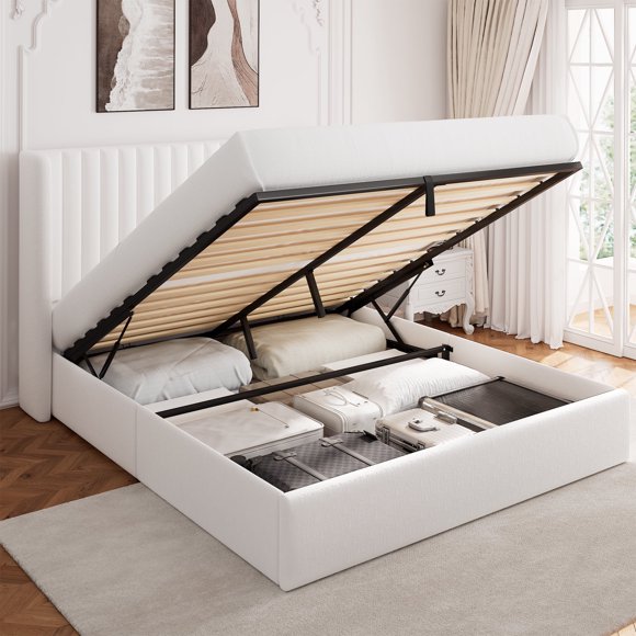 Einhomn Full Size Lift Up Storage Bed With Wingback Headboard, Upholstered Platform Bed Frame With Hydraulic Storage, Velvet Fabric, No Box Spring Needed, White