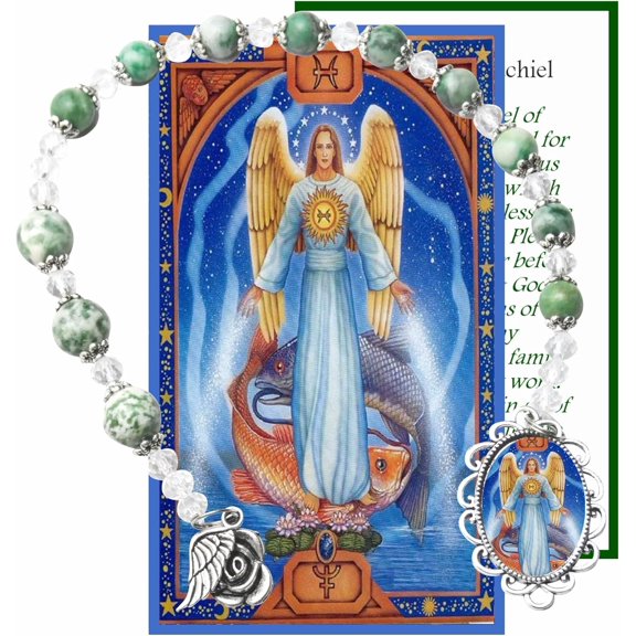 Arcangel Barachiel Archangel Baraquiel Green Fluorite Chaplet or Pocket Rosary Silver Plated Findings Color Image & a Prayer Card Choose English or Spanish