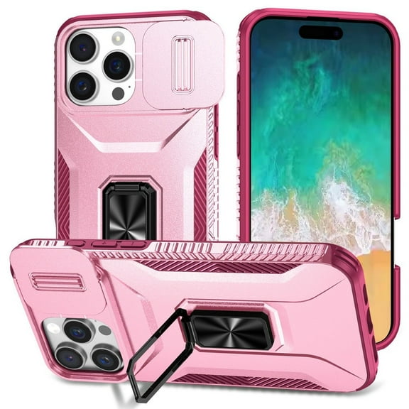 TJS for iPhone 16 Pro Max Phone Case, Impact Resistant Slide Camera Cover Shockproof TPU PC Lens Protection Metal Ring Magnetic Support Kickstand Cover (Pink/Burgundy)