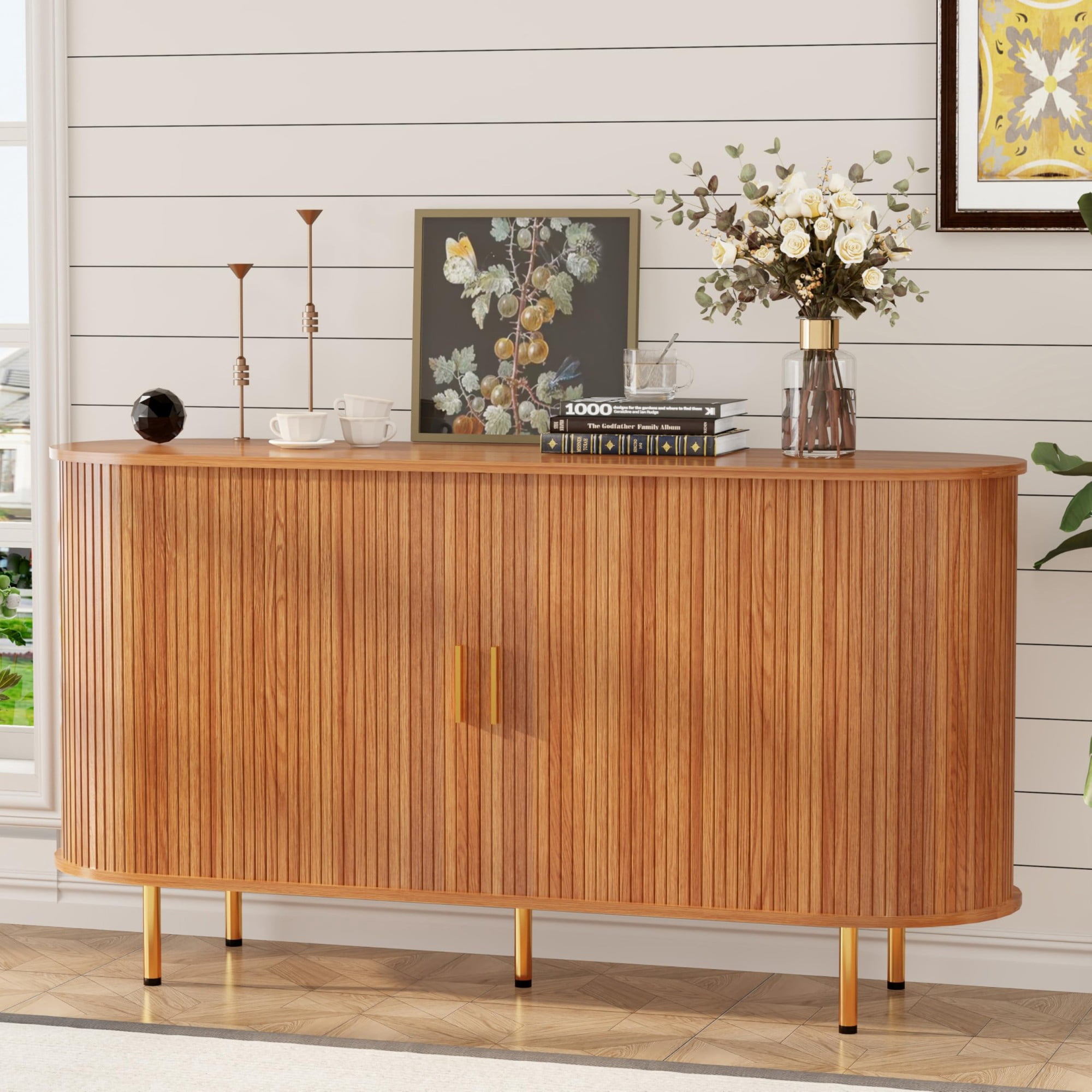 Mid Century Modern Sideboard Buffet Cabinet, 55 Inch Fluted Coffee Bar Console with Tambour Sliding Doors, Yellow