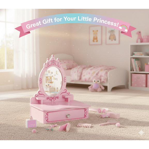 Brinjoy Tabletop Princess Vanity Set with Crown Mirror - Wooden Beauty Salon Play Set with Drawer & Accessories for Little Girls Ages 3-8