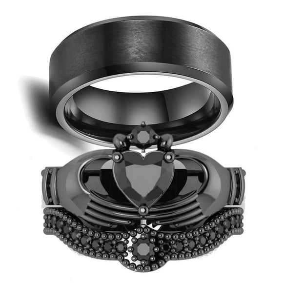 LOVERSRING Couple Ring Bridal Set His Hers Women Black Gold Filled Blue Agate Men Stainless Steel Wedding Ring Band