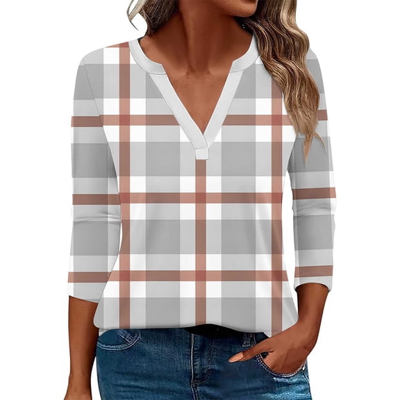 3/4 Length Sleeve Womens Tops Petite Spring Tops for Women Women's Fashion Boho Shirts Floral Printed T-Shirt 3/4 Sleeves Blouse V-Neck Casual Tops Gray S