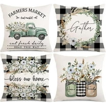 Buffalo Plaid Throw Pillow Covers 18x18 Set of 4 Farmhouse Blue Floral Eucalyptus Decorations Truck Vase Bless Our Home Linen Cushion Case Gifts for Home Decor Couch Sofa