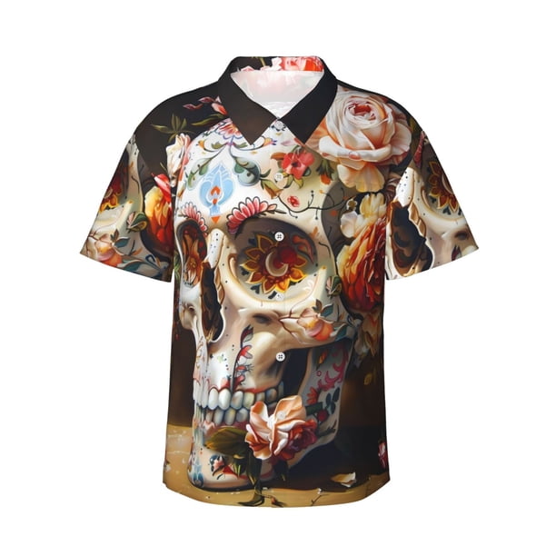 Balery Rose Floral Skull Camisas hawaianas de manga corta para hombre, camisas playeras de corte holgado, camisas de vacaciones con botones,XX-Large