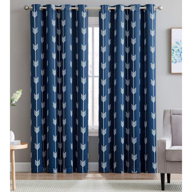 LDHF Arrow Printed Blackout Room Darkening Thermal Grommet Window Curtain Drape Panels for Bedroom - Set of 2 - Navy Blue - 84" inch Long