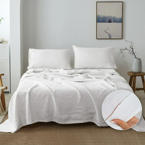 Simple&Opulence 100% Belgian Linen Sheet Set Handmade Hemstitch White King Size Bed Sheet-4 Piece (1 Flat Sheet+1 Fitted Sheet+2 Pillowcases)-Natural Flax Farmhouse Bedding