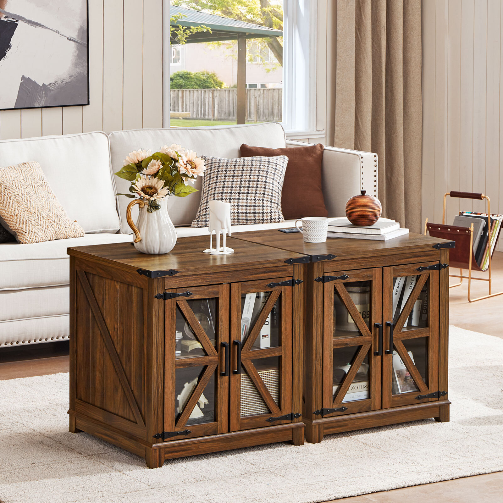 Joaxswe 24" Farmhouse End Tables for Living Room with Charging Station, Nightstand for Bedroom with Drawer, Square Bedside Table for Living, Brown
